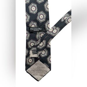 Christian Dior Monsieur 100% Silk Tie Vintage Black Gray Necktie Geometric